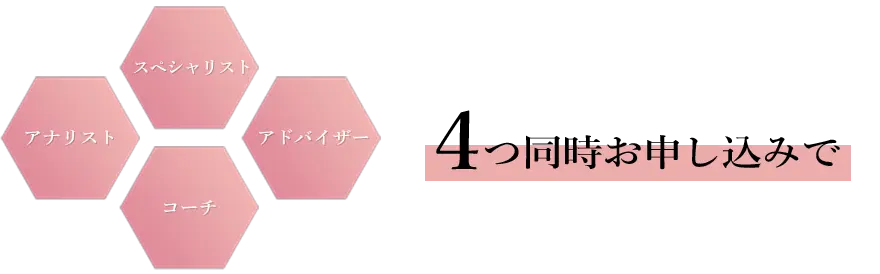 スペシャリスト、アナリスト、アドバイザー、コーチの4つ同時申込の場合、期間限定で4コース 198,000円（税込）で受講いただけます。